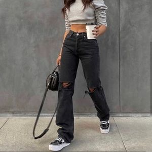 NWT ZARA Black Distressed Full Length High Rise Wide Leg Jean